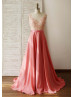 Coral Lace Long Chiffon Prom Dress